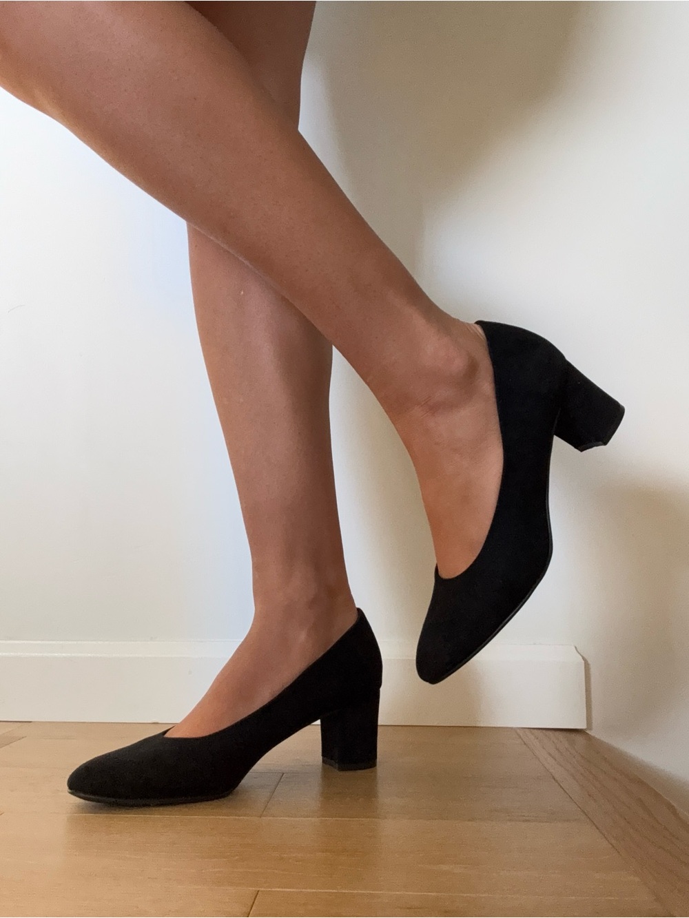 Classic Black Suede Block Heel Pumps
